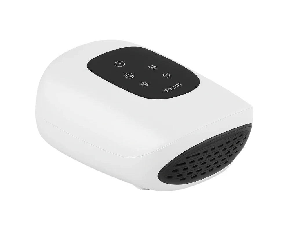 White handheld electric hand massager with black control panel and ventilation holes