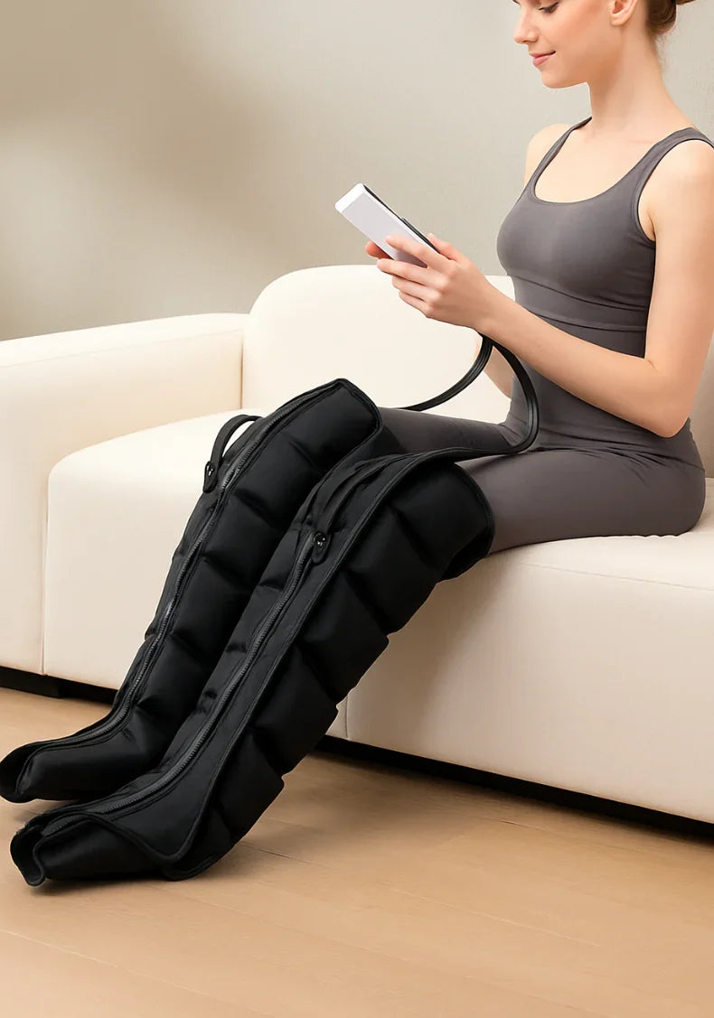 Woman sitting on white couch using black leg air compression massager with remote control