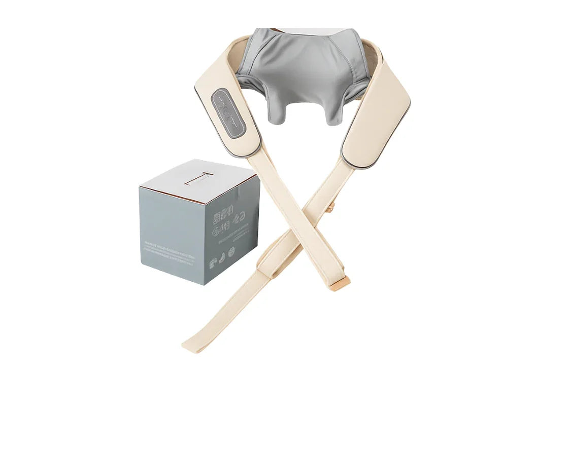 Beige and gray electric neck and shoulder massager with control panel next to gray packaging box