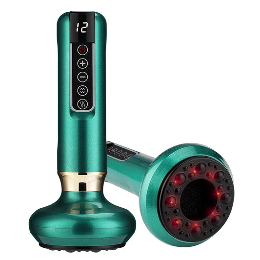 Green handheld electric massager with digital screen and control buttons, showing red LED lights