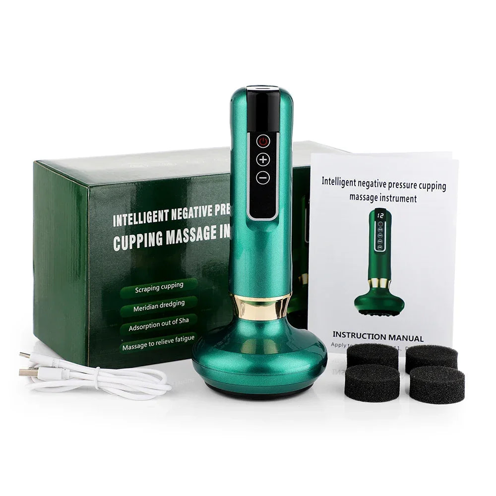 Green intelligent negative pressure cupping massage instrument with control buttons, box, manual, USB cable, and foam pads