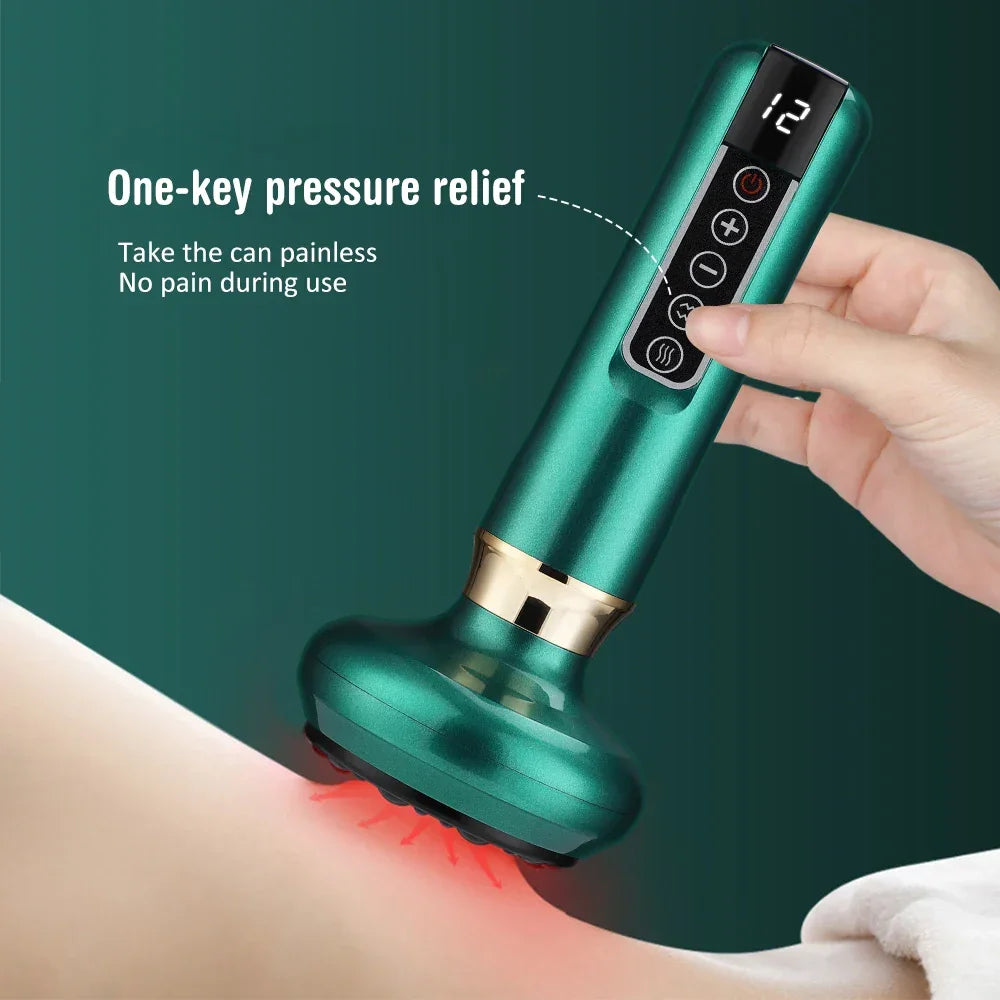 Hand using green electric massage device with LED display and buttons for pressure relief on back