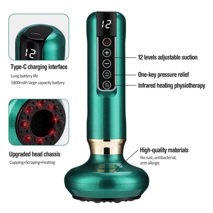 Green handheld massager with digital display, adjustable suction, heating, and Type-C charging