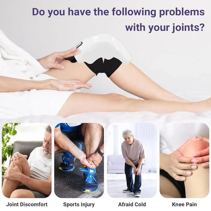Person using white knee massager; images of joint discomfort, sports injury, cold sensitivity, knee pain problems