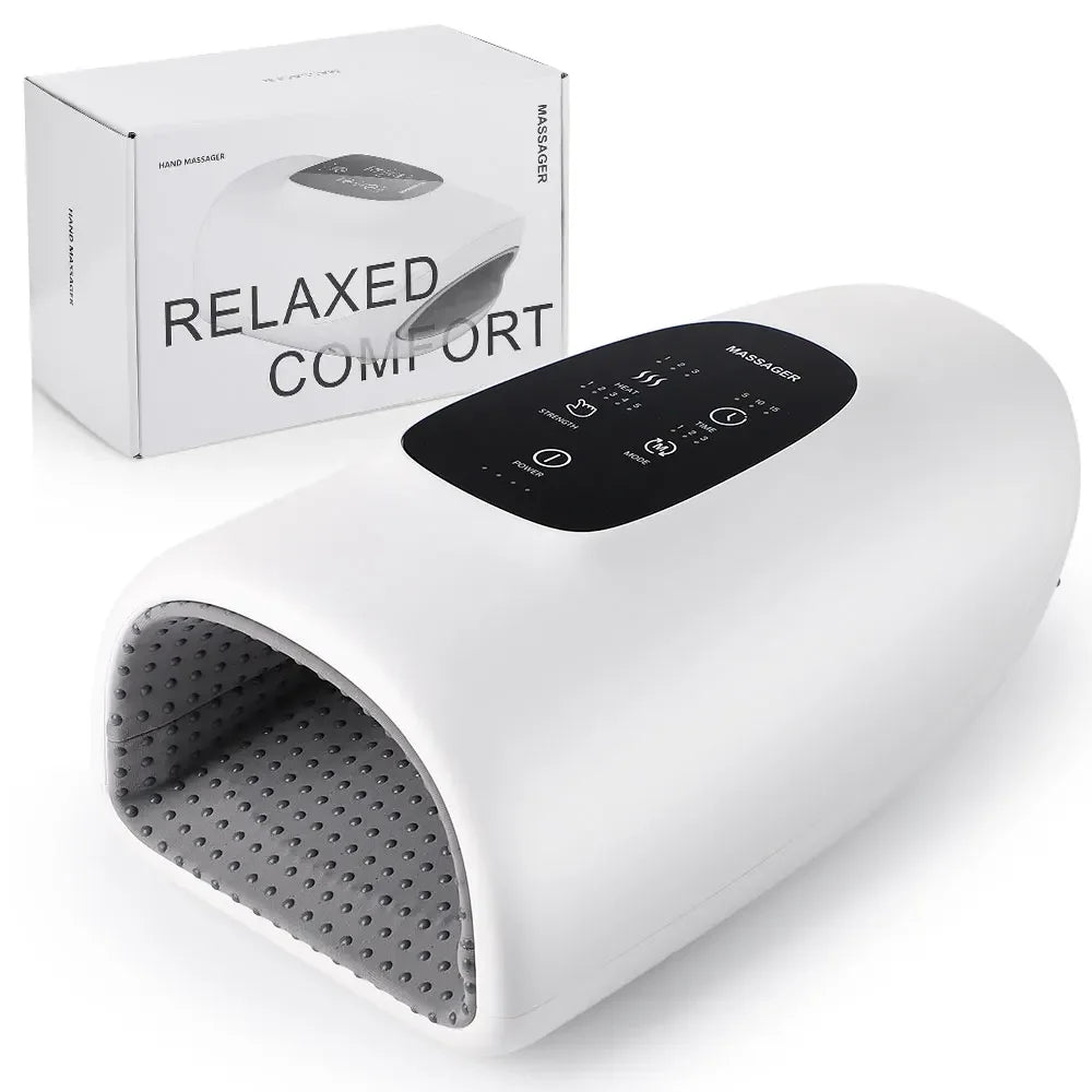 White electronic hand massager with gray textured interior and black control panel, packaging box