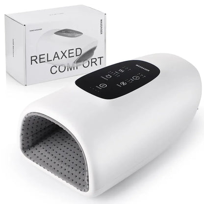 White electronic hand massager with gray textured interior and black control panel, packaging box
