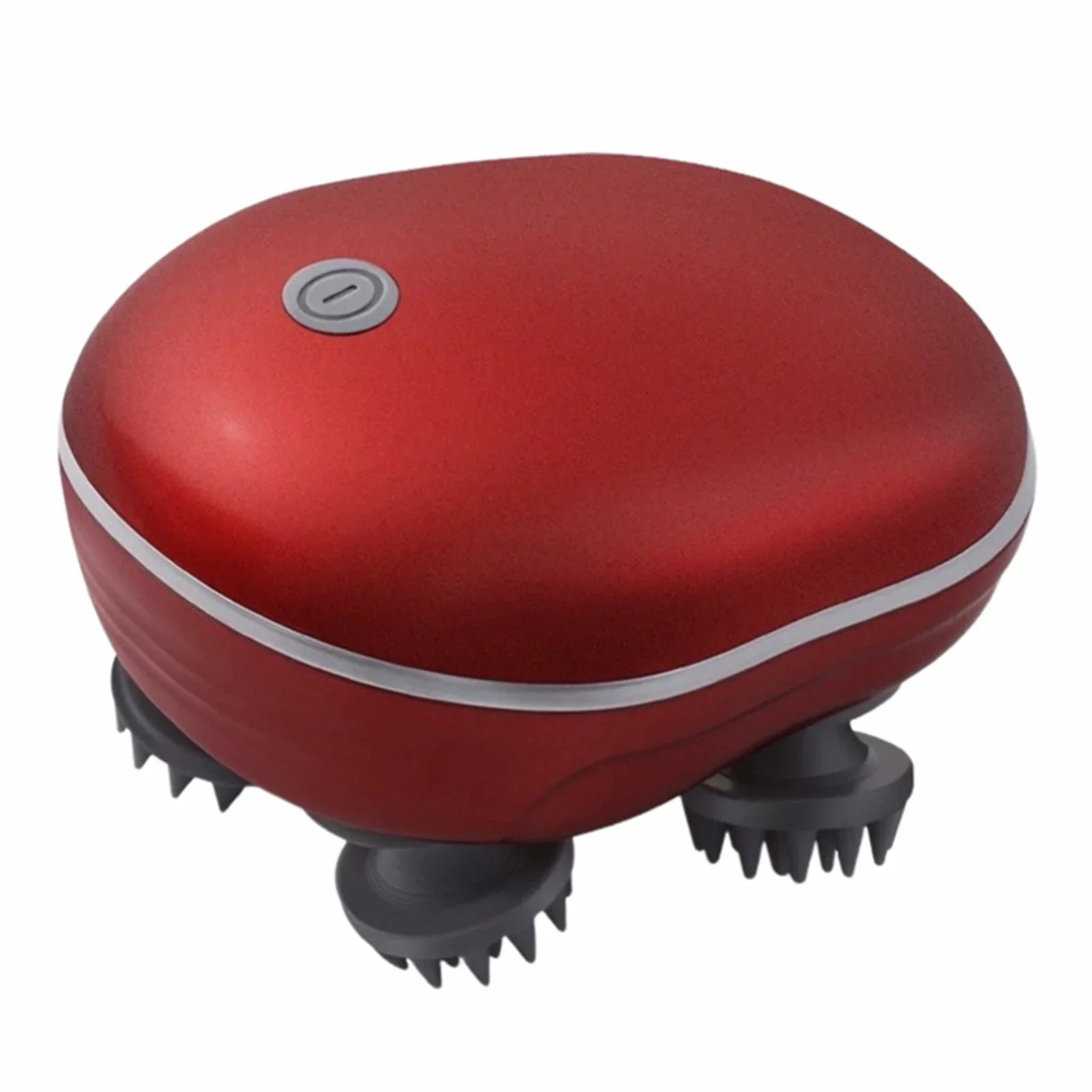 Red electronic scalp massager with three black rotating massage heads and power button