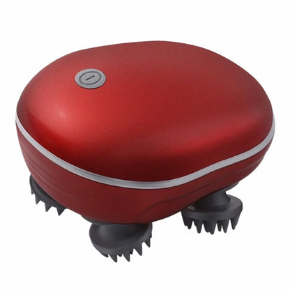 Red electronic scalp massager with three black rotating massage heads and power button