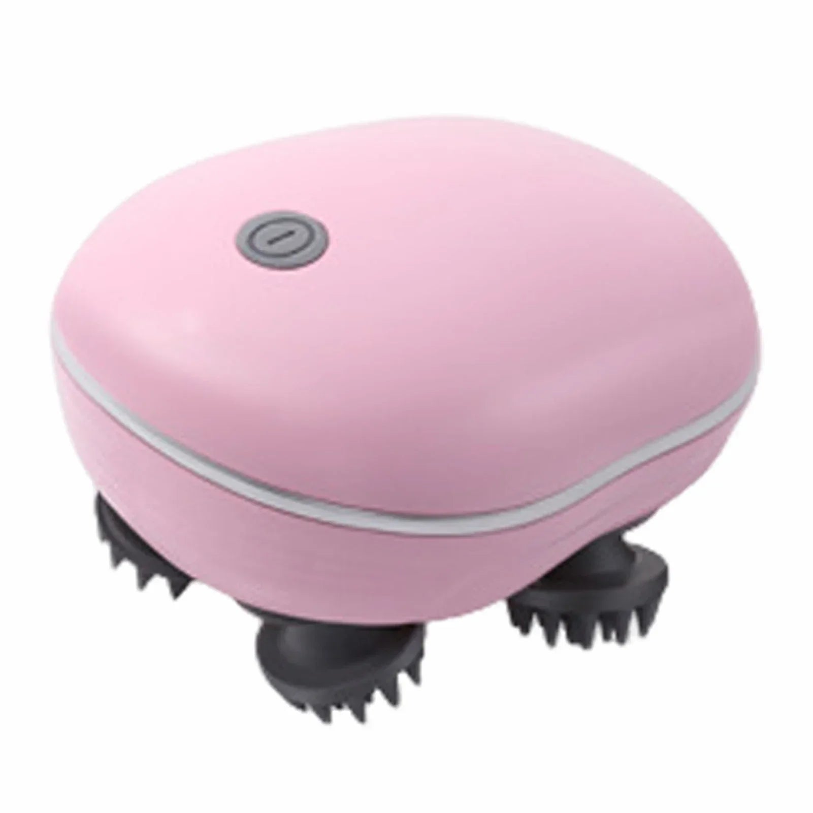 Compact pink electric scalp massager with four black rotating brush heads
