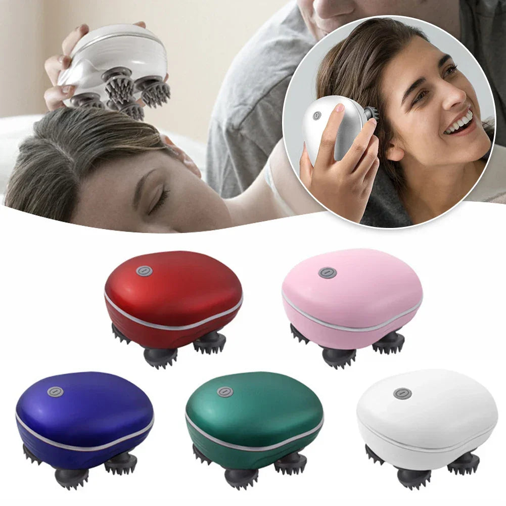 Electric handheld scalp massager in red, pink, blue, green, and white colors with silicone brush heads