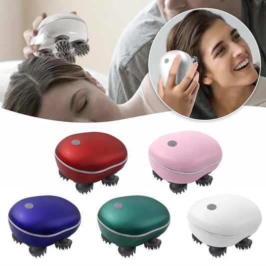 Electric handheld scalp massager in red, pink, blue, green, and white colors with silicone brush heads