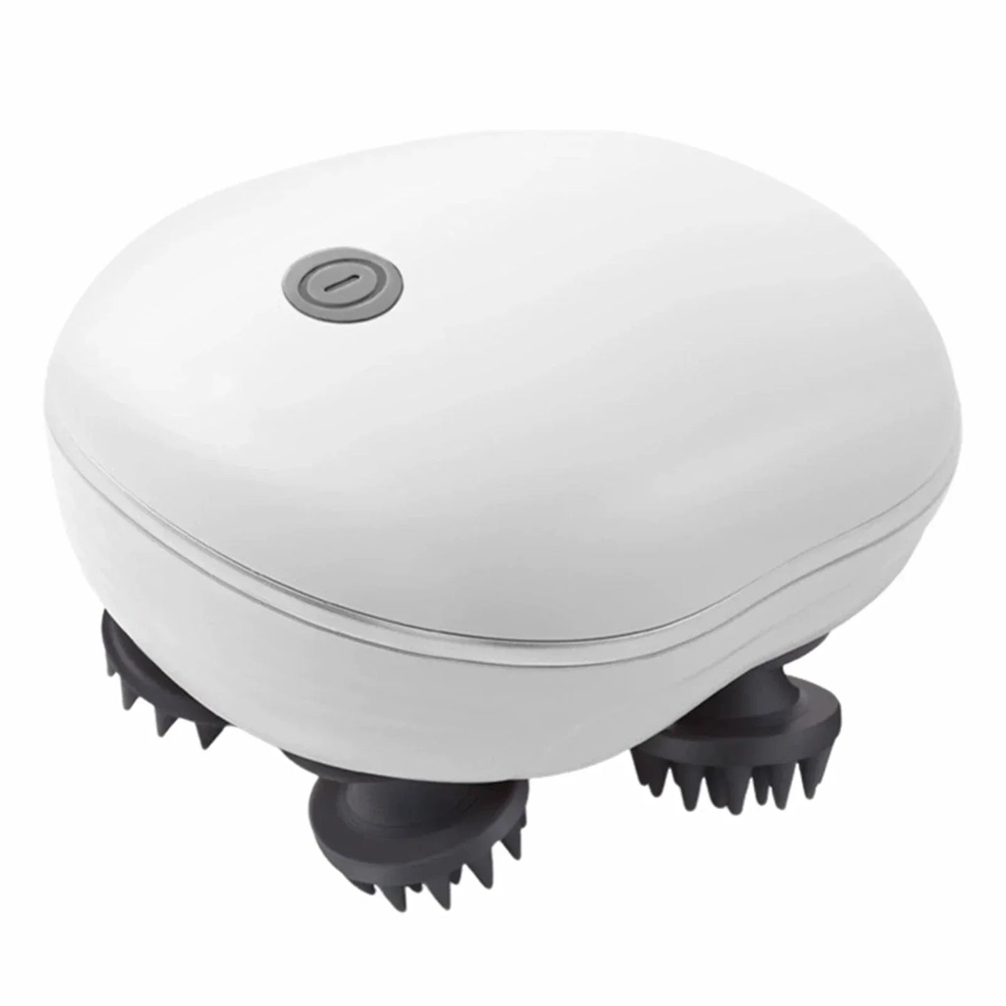 Compact white electric scalp massager with four black silicone brush heads and power button
