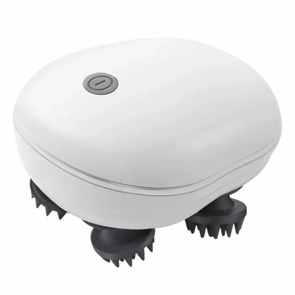 Compact white electric scalp massager with four black silicone brush heads and power button