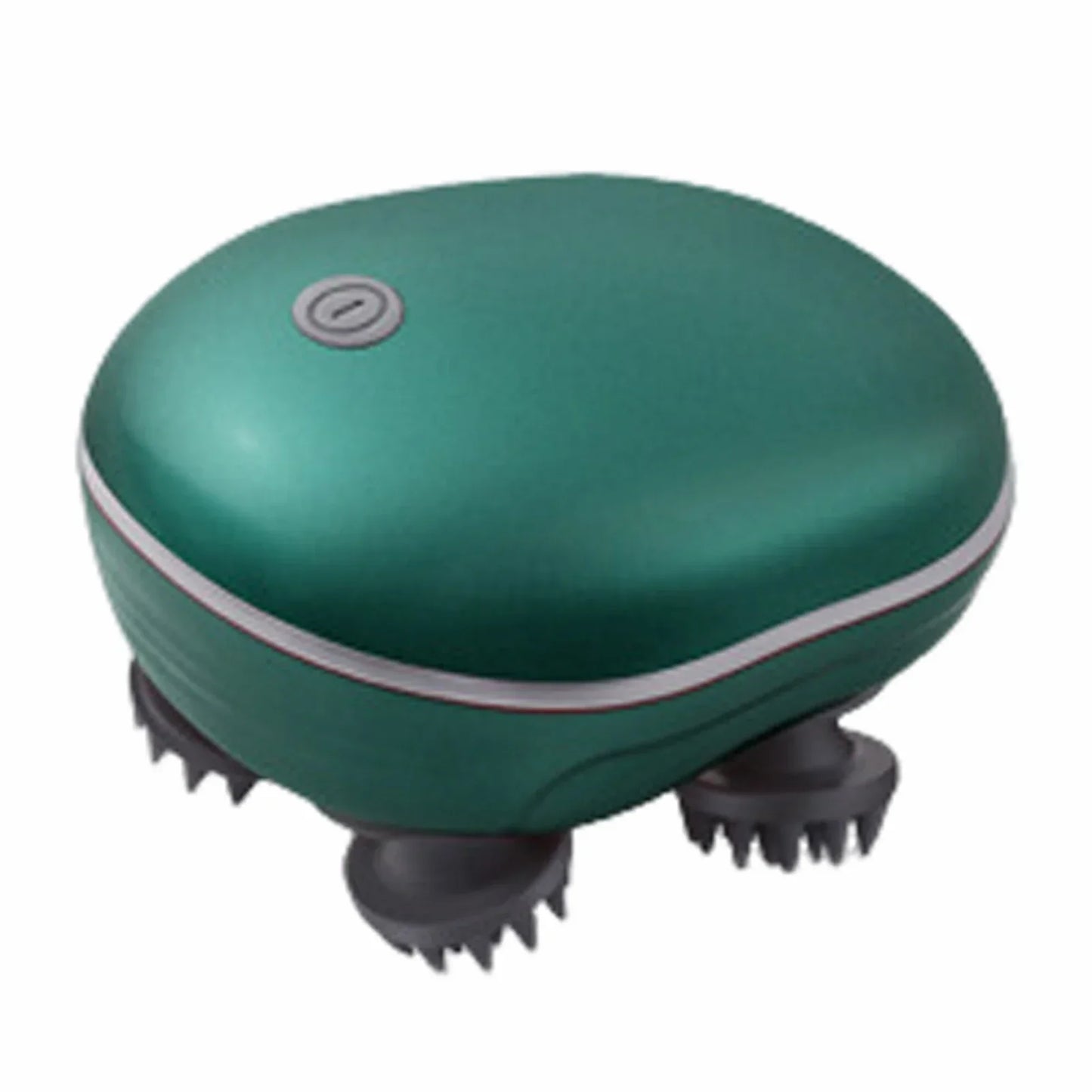 Compact green handheld electric scalp massager with black soft brush nodes