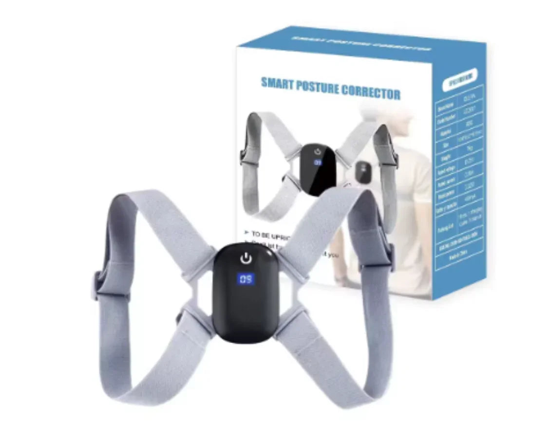 Smart posture corrector device with adjustable grey straps and digital display in front of product box