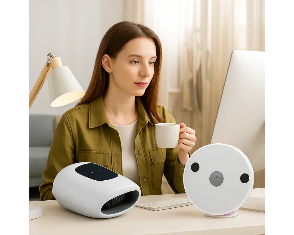Woman using white electric hand massager at desk with lamp and computer, enjoying coffee