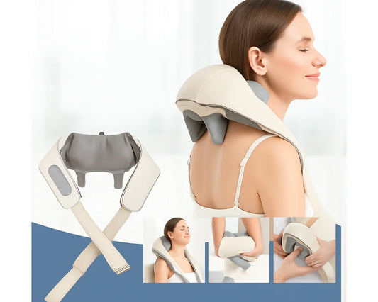 Beige and gray neck and shoulder massager worn by woman with eyes closed, comfort and relaxation