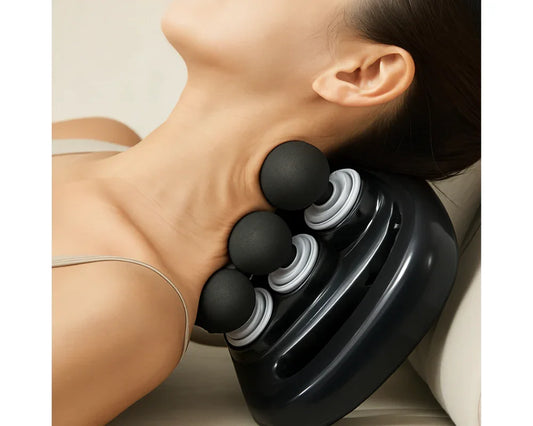 Woman using black full-body massage device with three round massage heads on neck