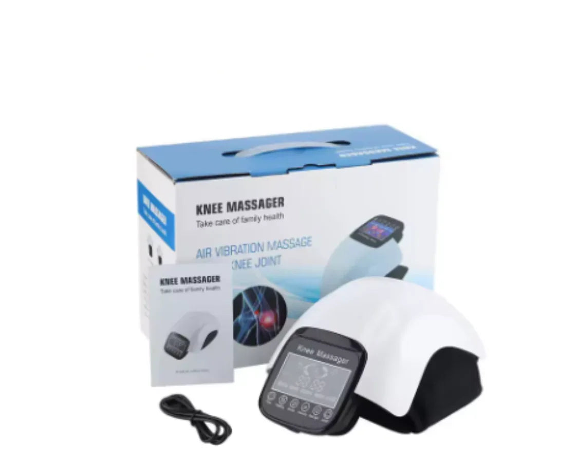 White and black knee massager device with digital display, packaging box, manual, and USB cable