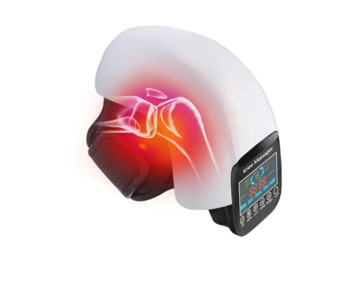 Electric knee massager with digital display emitting heat and showing knee joint anatomy