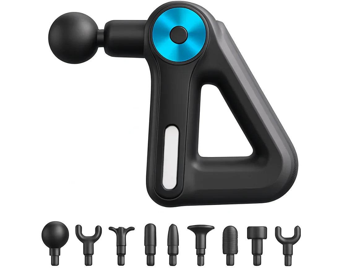 Black and blue handheld massage gun with nine interchangeable heads for muscle therapy