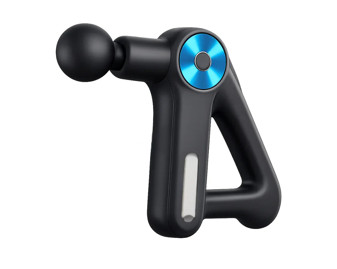 Black professional massage gun with blue circular accent and triangular handle on white background